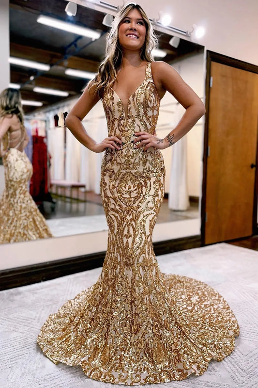 Prom Dresses 2025 to impress Gold Sequin Lace Mermaid Prom Dress with Illusion Plunge and Strappy Open Back – 26114-vigocouture-vigocouture