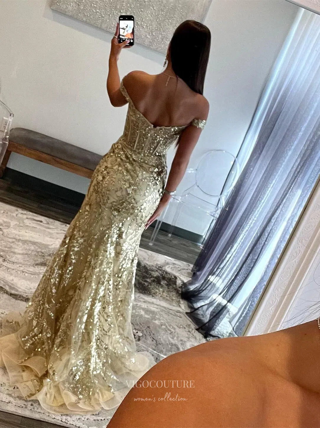 Gold Sequin Lace Mermaid Prom Dresses with Slit Off the Shoulder Evening Dress 24023 Gold / Custom Size Gold Sequin Lace Mermaid Prom Dresses with Slit Off the Shoulder Evening Dress 24023 Gold / Custom Size