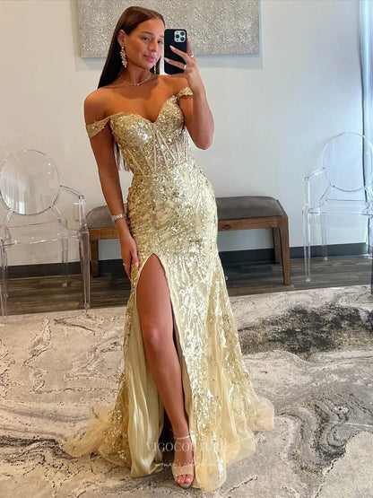 Gold Sequin Lace Mermaid Prom Dresses with Slit Off the Shoulder Evening Dress 24023 Gold / Custom Size Gold Sequin Lace Mermaid Prom Dresses with Slit Off the Shoulder Evening Dress 24023 Gold / Custom Size