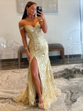 Prom Dress 2025 Gold Sequin Lace Mermaid Prom Dresses with Slit Off the Shoulder Evening Dress 24023-unique elegant Prom Dresses-Gold-Custom Size-vigocouture