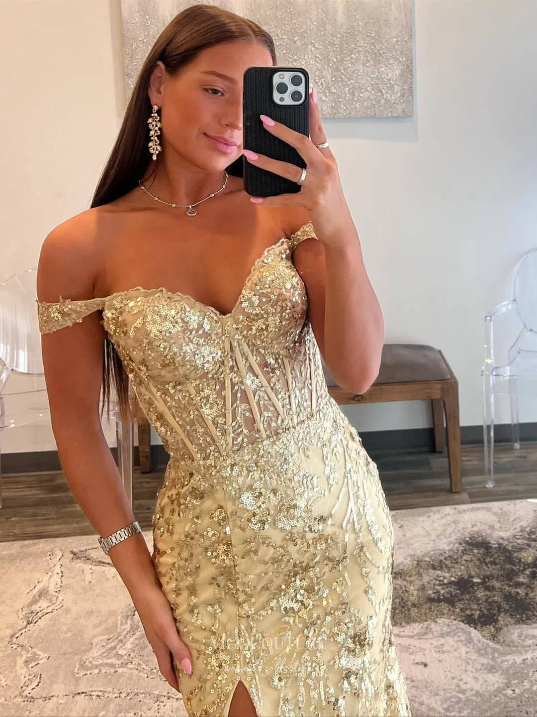 Gold Sequin Lace Mermaid Prom Dresses with Slit Off the Shoulder Eveni