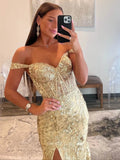 Prom Dress 2025 Gold Sequin Lace Mermaid Prom Dresses with Slit Off the Shoulder Evening Dress 24023-unique elegant Prom Dresses-Gold-Custom Size-vigocouture