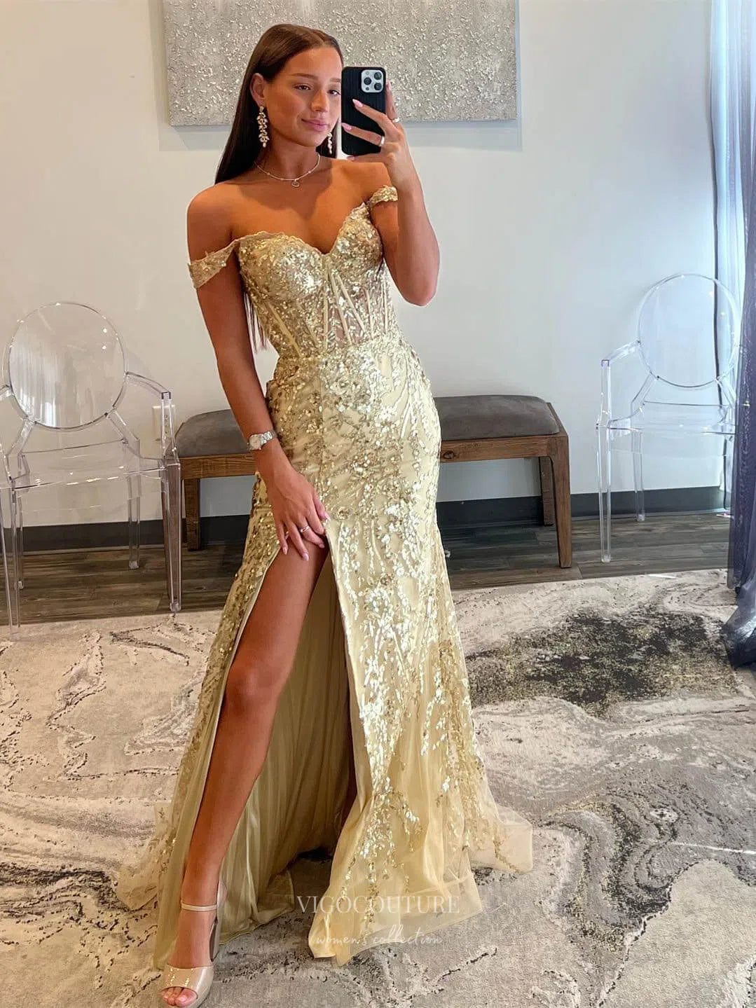 Prom Dress 2025 Gold Sequin Lace Mermaid Prom Dresses with Slit Off the Shoulder Evening Dress 24023-unique elegant Prom Dresses-Gold-Custom Size-vigocouture