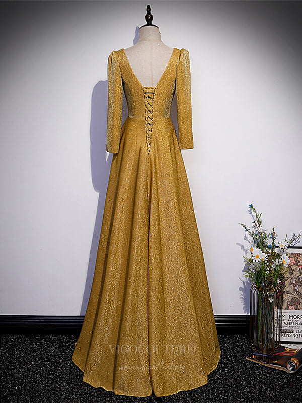 Prom Dress 2025 Gold Sparkly Lace Long Sleeve Prom Dress 20897-unique elegant Prom Dresses-Gold-Custom Size-vigocouture