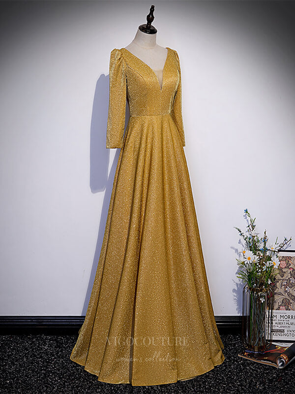 Prom Dress 2025 Gold Sparkly Lace Long Sleeve Prom Dress 20897-unique elegant Prom Dresses-Gold-Custom Size-vigocouture