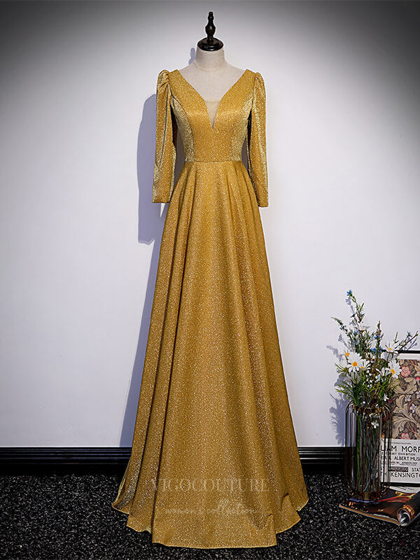 Prom Dress 2025 Gold Sparkly Lace Long Sleeve Prom Dress 20897-unique elegant Prom Dresses-Gold-Custom Size-vigocouture