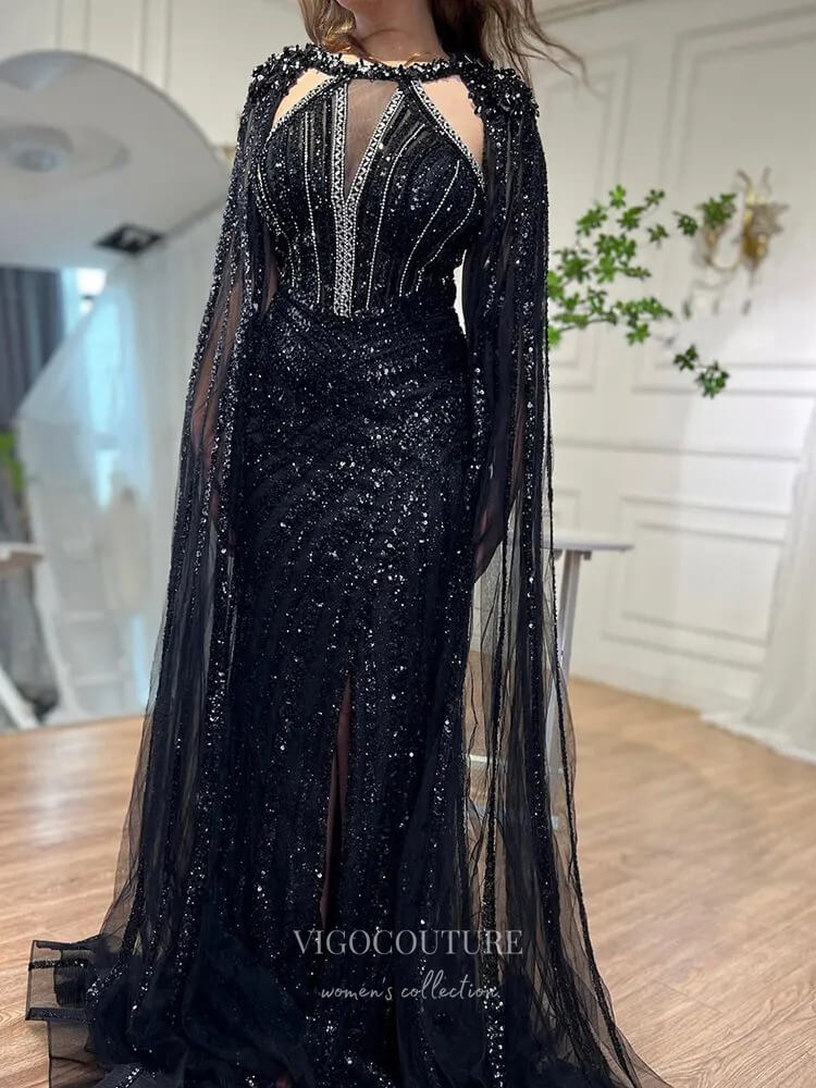 Prom Dress 2025 Gorgeous Beaded Mermaid Prom Dresses with Slit Cape Sleeve Pageant Dress 24503-unique elegant Prom Dresses-Black-US2-vigocouture