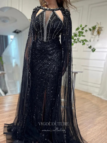 Prom Dress 2025 Gorgeous Beaded Mermaid Prom Dresses with Slit Cape Sleeve Pageant Dress 24503-unique elegant Prom Dresses-Black-US2-vigocouture