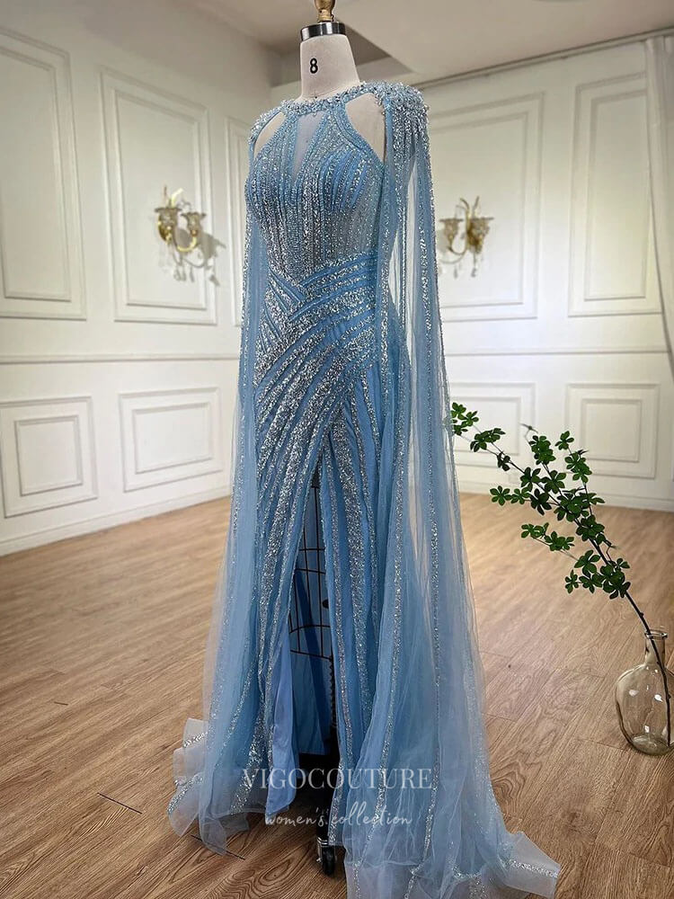 Prom Dress 2025 Gorgeous Beaded Mermaid Prom Dresses with Slit Cape Sleeve Pageant Dress 24503-unique elegant Prom Dresses-Lavender-US2-vigocouture