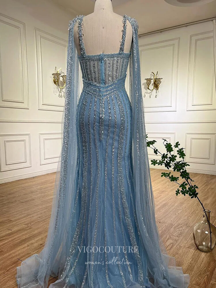 Prom Dress 2025 Gorgeous Beaded Mermaid Prom Dresses with Slit Cape Sleeve Pageant Dress 24503-unique elegant Prom Dresses-Lavender-US2-vigocouture