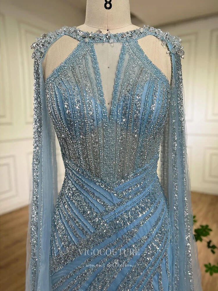 Prom Dress 2025 Gorgeous Beaded Mermaid Prom Dresses with Slit Cape Sleeve Pageant Dress 24503-unique elegant Prom Dresses-Lavender-US2-vigocouture