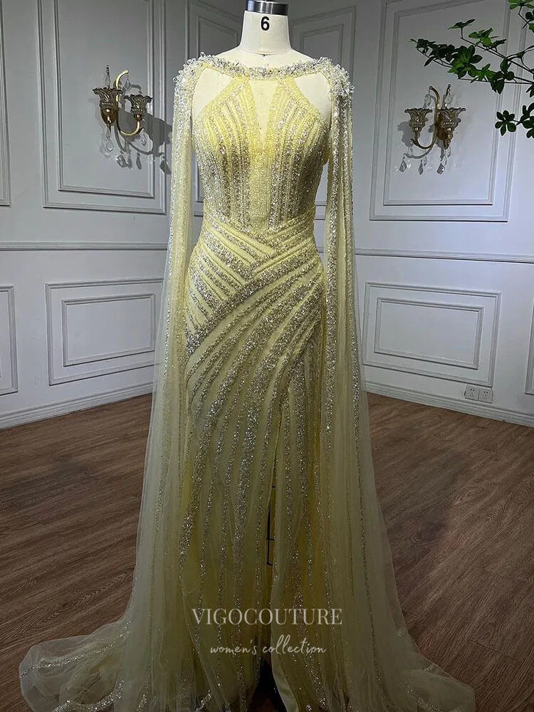 Prom Dress 2025 Gorgeous Beaded Mermaid Prom Dresses with Slit Cape Sleeve Pageant Dress 24503-unique elegant Prom Dresses-Lavender-US2-vigocouture