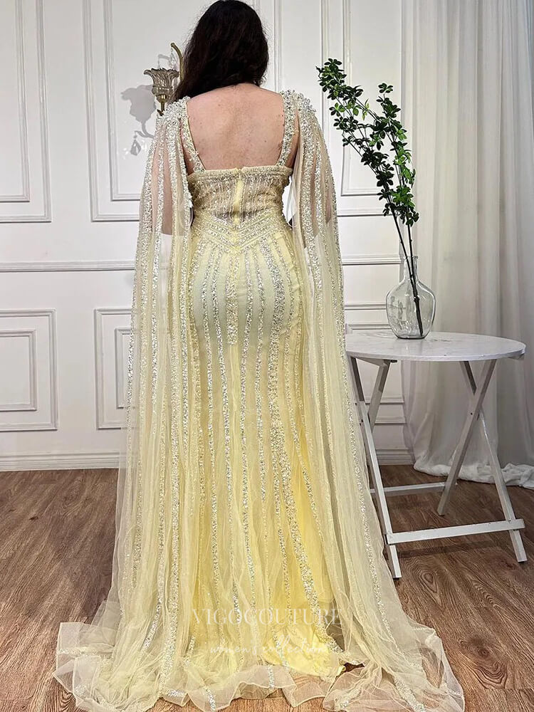 Prom Dress 2025 Gorgeous Beaded Mermaid Prom Dresses with Slit Cape Sleeve Pageant Dress 24503-unique elegant Prom Dresses-Lavender-US2-vigocouture