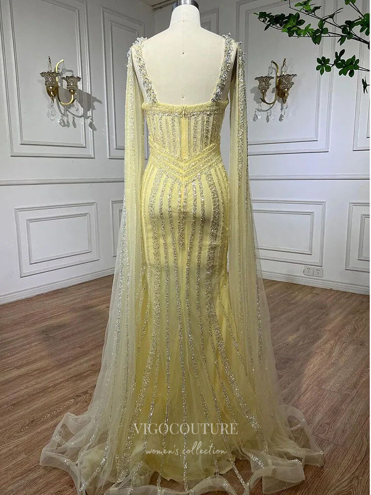 Prom Dress 2025 Gorgeous Beaded Mermaid Prom Dresses with Slit Cape Sleeve Pageant Dress 24503-unique elegant Prom Dresses-Lavender-US2-vigocouture