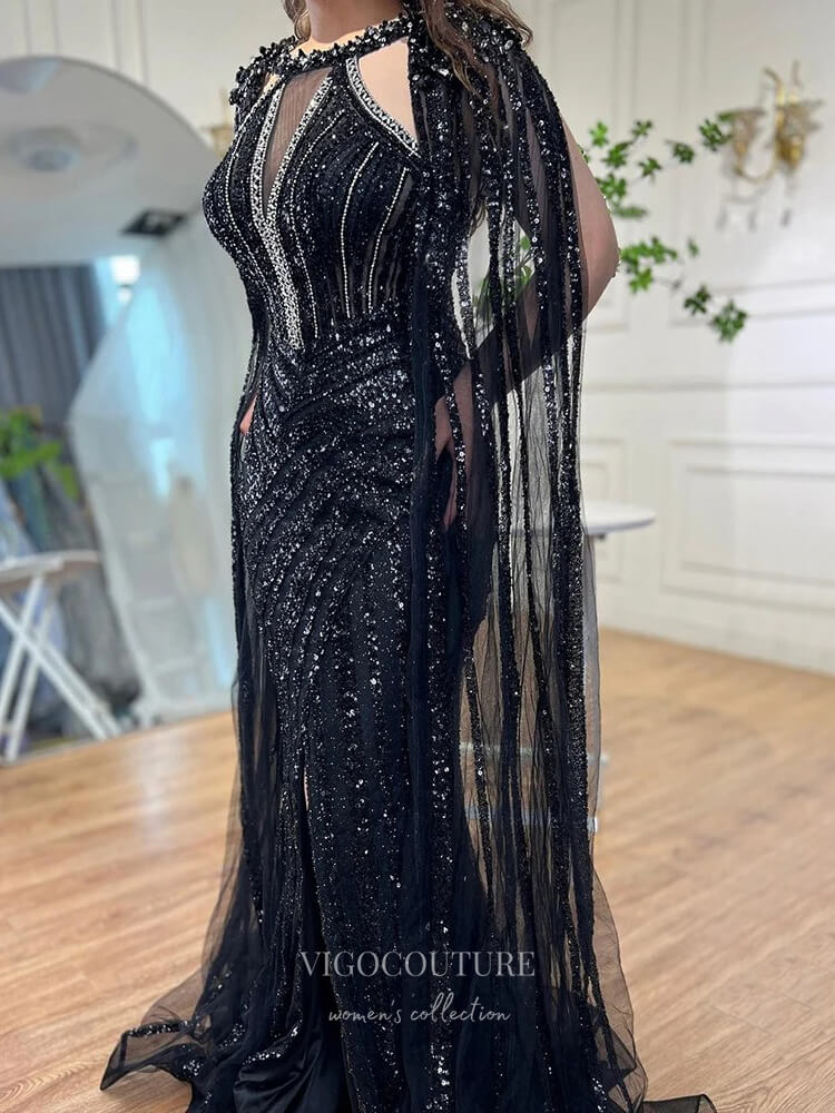 Prom Dress 2025 Gorgeous Beaded Mermaid Prom Dresses with Slit Cape Sleeve Pageant Dress 24503-unique elegant Prom Dresses-Lavender-US2-vigocouture