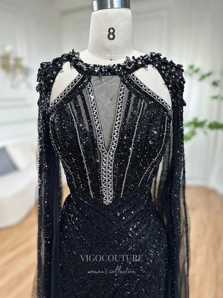 Prom Dress 2025 Gorgeous Beaded Mermaid Prom Dresses with Slit Cape Sleeve Pageant Dress 24503-unique elegant Prom Dresses-Lavender-US2-vigocouture