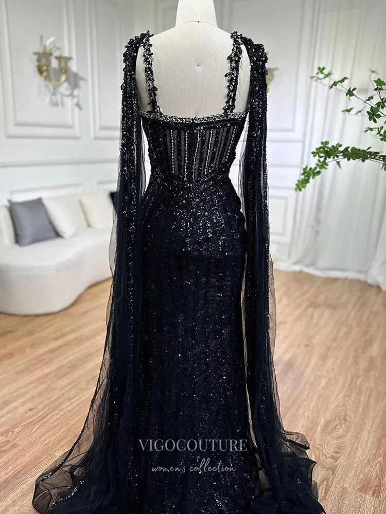 Prom Dress 2025 Gorgeous Beaded Mermaid Prom Dresses with Slit Cape Sleeve Pageant Dress 24503-unique elegant Prom Dresses-Lavender-US2-vigocouture