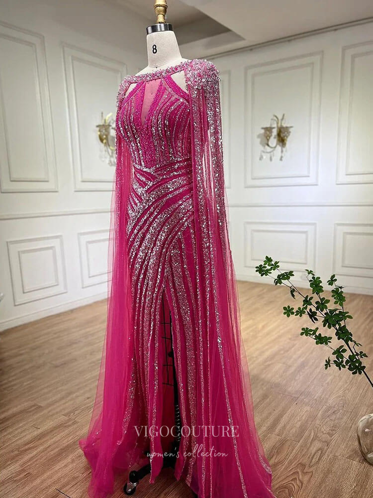 Prom Dress 2025 Gorgeous Beaded Mermaid Prom Dresses with Slit Cape Sleeve Pageant Dress 24503-unique elegant Prom Dresses-Lavender-US2-vigocouture