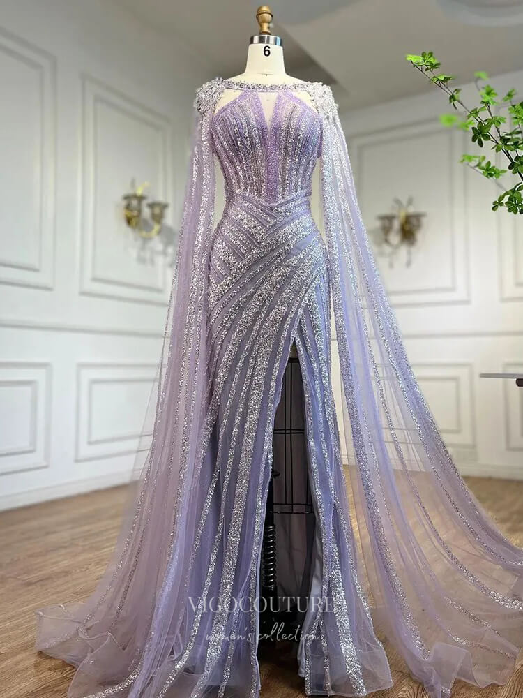 Prom Dress 2025 Gorgeous Beaded Mermaid Prom Dresses with Slit Cape Sleeve Pageant Dress 24503-unique elegant Prom Dresses-Lavender-US2-vigocouture