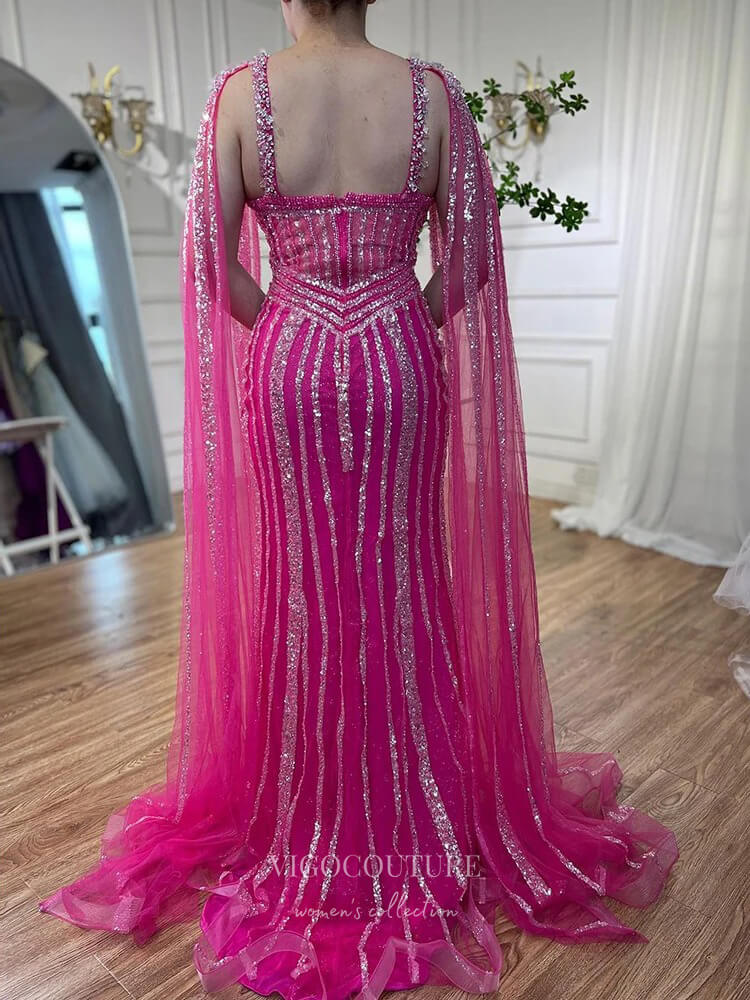 Prom Dress 2025 Gorgeous Beaded Mermaid Prom Dresses with Slit Cape Sleeve Pageant Dress 24503-unique elegant Prom Dresses-Lavender-US2-vigocouture