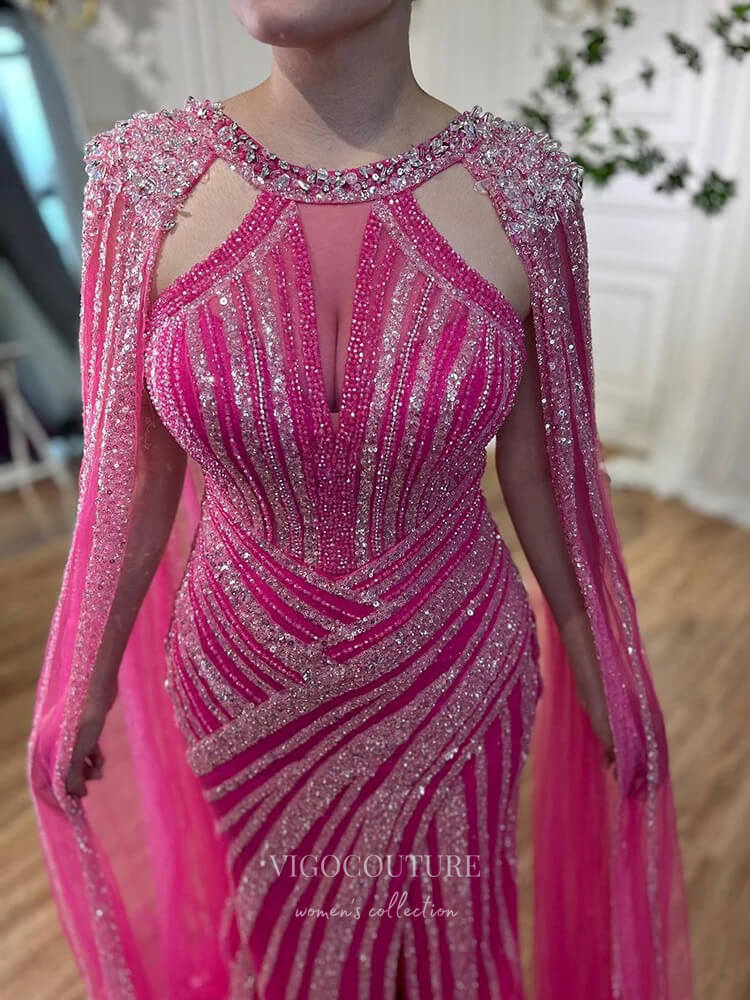 Prom Dress 2025 Gorgeous Beaded Mermaid Prom Dresses with Slit Cape Sleeve Pageant Dress 24503-unique elegant Prom Dresses-Lavender-US2-vigocouture