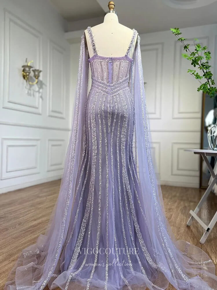 Prom Dress 2025 Gorgeous Beaded Mermaid Prom Dresses with Slit Cape Sleeve Pageant Dress 24503-unique elegant Prom Dresses-Lavender-US2-vigocouture