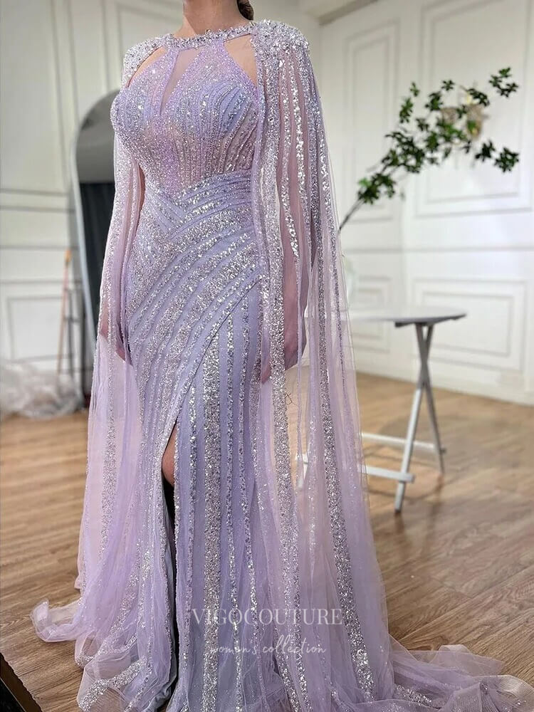 Prom Dress 2025 Gorgeous Beaded Mermaid Prom Dresses with Slit Cape Sleeve Pageant Dress 24503-unique elegant Prom Dresses-Lavender-US2-vigocouture