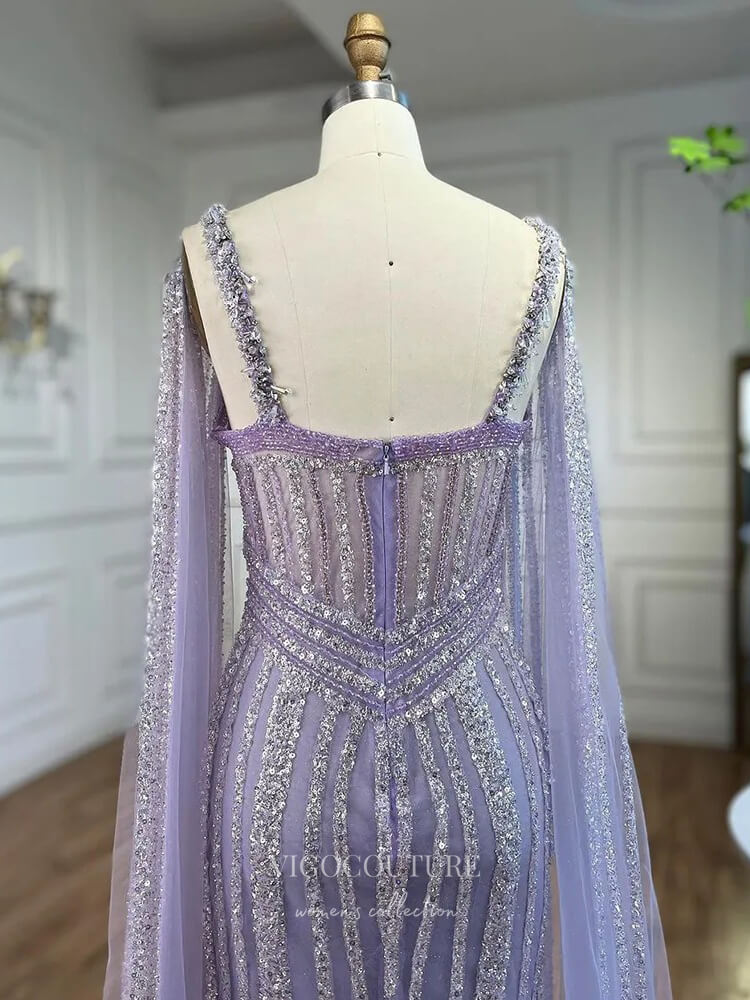 Prom Dress 2025 Gorgeous Beaded Mermaid Prom Dresses with Slit Cape Sleeve Pageant Dress 24503-unique elegant Prom Dresses-Lavender-US2-vigocouture