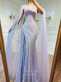 Gorgeous Beaded Mermaid Prom Dresses with Slit Cape Sleeve Pageant Dress 24503