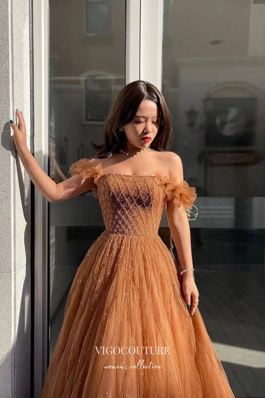 Prom Dress 2025 Gorgeous Beaded Off the Shoulder Prom Dress 22235-unique elegant Prom Dresses-Brown-US2-vigocouture