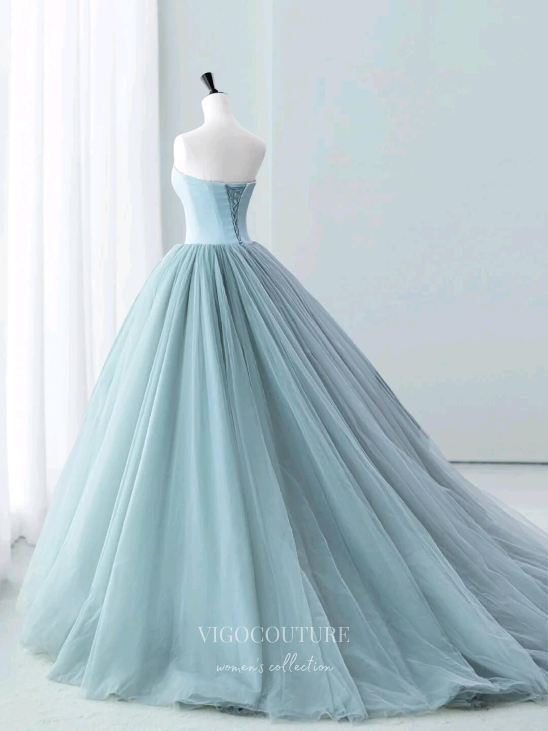 Prom Dress 2025 Gorgeous Dusty Blue Strapless Prom Ball Gown with Satin Bodice and Tulle Bottom 22276-unique elegant Prom Dresses-Dusty Blue-Custom Size-vigocouture