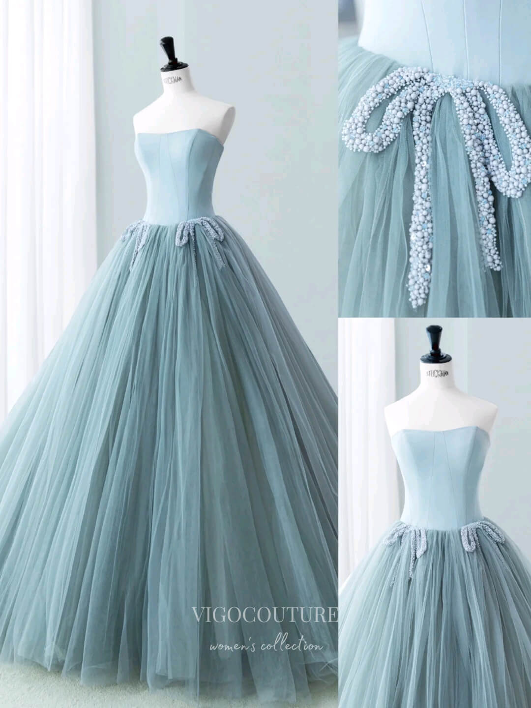 Prom Dress 2025 Gorgeous Dusty Blue Strapless Prom Ball Gown with Satin Bodice and Tulle Bottom 22276-unique elegant Prom Dresses-Dusty Blue-Custom Size-vigocouture