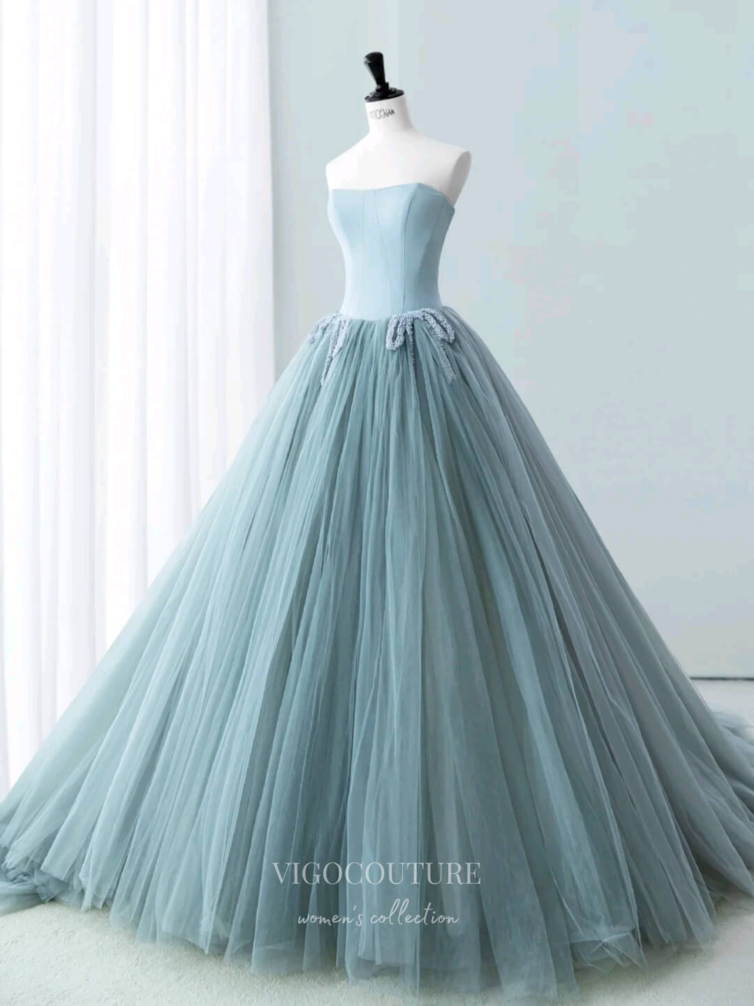 Prom Dress 2025 Gorgeous Dusty Blue Strapless Prom Ball Gown with Satin Bodice and Tulle Bottom 22276-unique elegant Prom Dresses-Dusty Blue-Custom Size-vigocouture