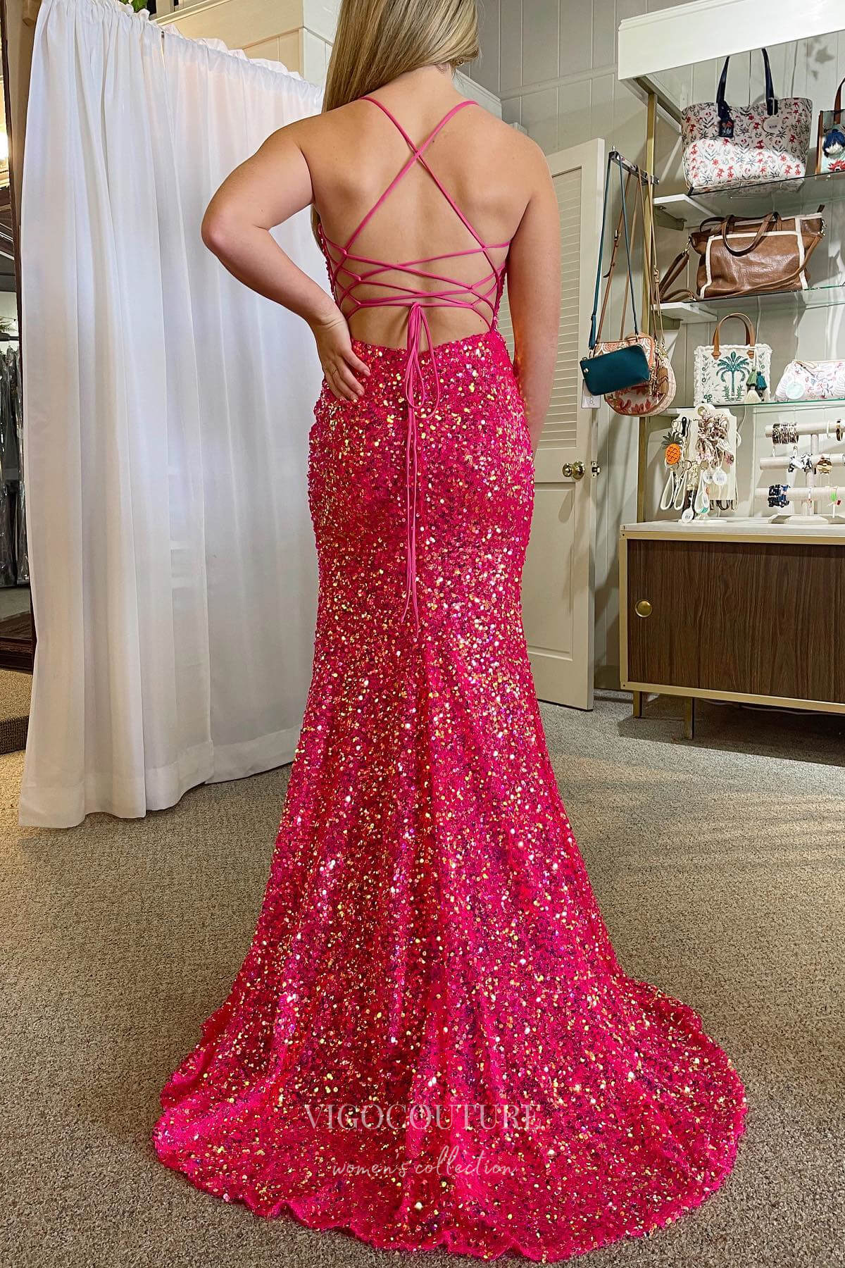 Gorgeous Fuchsia Sequin Mermaid Prom Dress with Spaghetti Strap and High Slit 22209 Fuchsia / US6 Gorgeous Fuchsia Sequin Mermaid Prom Dress with Spaghetti Strap and High Slit 22209 Fuchsia / US6