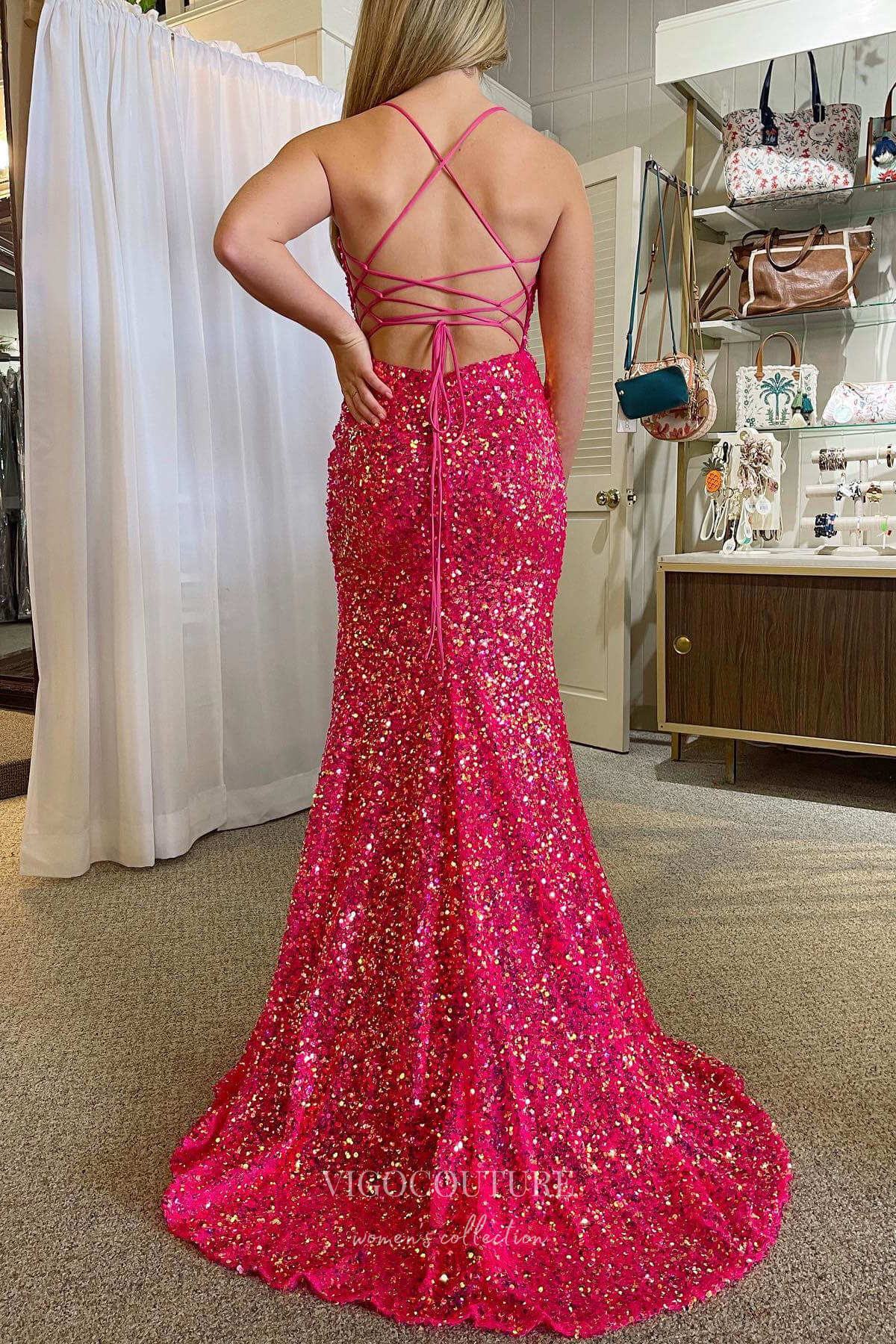 Prom Dress 2025 Gorgeous Fuchsia Sequin Mermaid Prom Dress with Spaghetti Strap and High Slit 22209-unique elegant Prom Dresses-Fuchsia-Custom Size-vigocouture