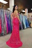 Prom Dress 2025 Gorgeous Fuchsia Sequin Mermaid Prom Dress with Spaghetti Strap and High Slit 22209-unique elegant Prom Dresses-Fuchsia-Custom Size-vigocouture