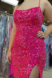 Prom Dress 2025 Gorgeous Fuchsia Sequin Mermaid Prom Dress with Spaghetti Strap and High Slit 22209-unique elegant Prom Dresses-Fuchsia-Custom Size-vigocouture