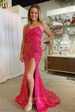 Prom Dress 2025 Gorgeous Fuchsia Sequin Mermaid Prom Dress with Spaghetti Strap and High Slit 22209-unique elegant Prom Dresses-Fuchsia-Custom Size-vigocouture