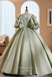 Prom Dress 2025 Gorgeous Green Satin Prom Dress with Bow-Tie Puffed Sleeve 22273-unique elegant Prom Dresses-Green-Custom Size-vigocouture