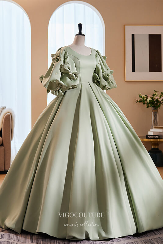 Prom Dress 2025 Gorgeous Green Satin Prom Dress with Bow-Tie Puffed Sleeve 22273-unique elegant Prom Dresses-Green-Custom Size-vigocouture