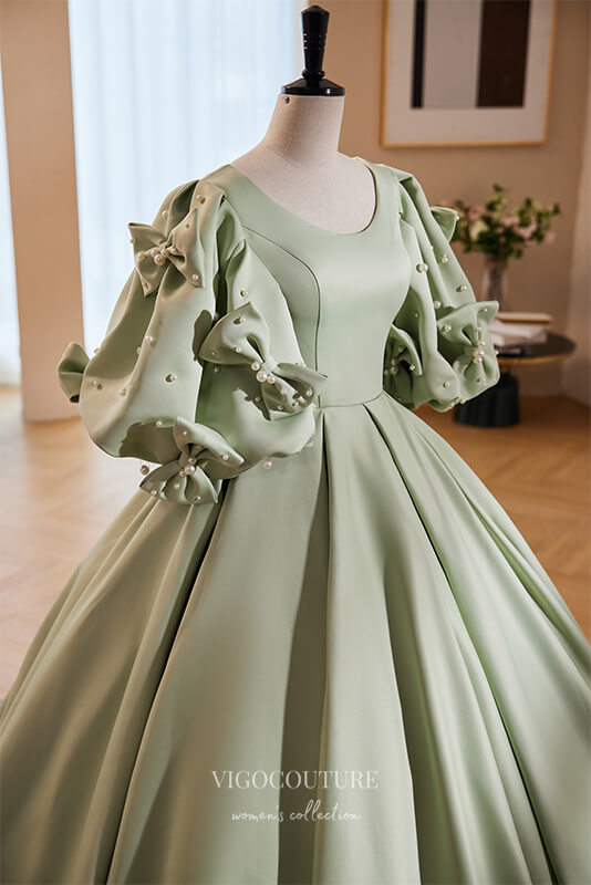 Prom Dress 2025 Gorgeous Green Satin Prom Dress with Bow-Tie Puffed Sleeve 22273-unique elegant Prom Dresses-Green-Custom Size-vigocouture