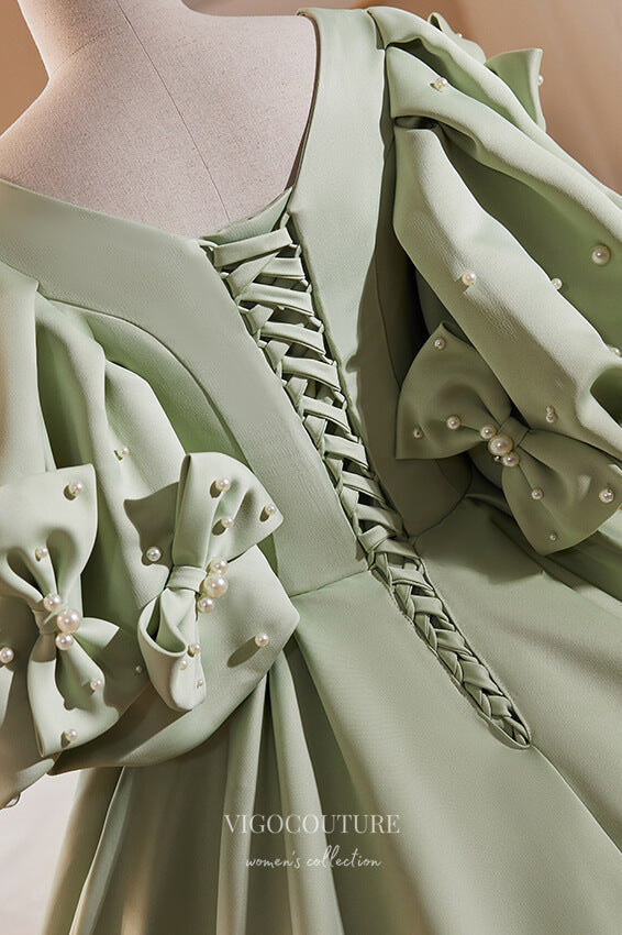 Gorgeous Green Satin Prom Dress with Bow-Tie Puffed Sleeve 22273 vigocouture Gorgeous Green Satin Prom Dress with Bow-Tie Puffed Sleeve 22273 vigocouture