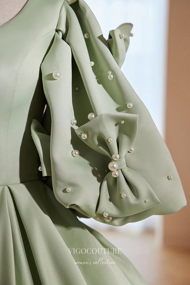 Prom Dress 2025 Gorgeous Green Satin Prom Dress with Bow-Tie Puffed Sleeve 22273-unique elegant Prom Dresses-Green-Custom Size-vigocouture