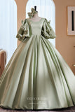 Prom Dress 2025 Gorgeous Green Satin Prom Dress with Bow-Tie Puffed Sleeve 22273-unique elegant Prom Dresses-Green-Custom Size-vigocouture