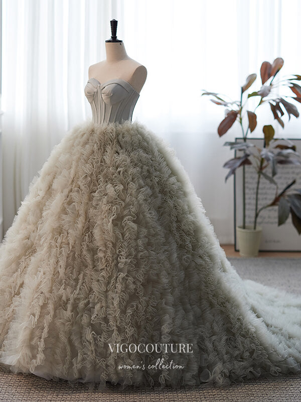 Prom Dress 2025 Gorgeous Grey Strapless Ruffled Tulle Quinceanera Dress 22295-unique elegant Prom Dresses-Grey-Custom Size-vigocouture