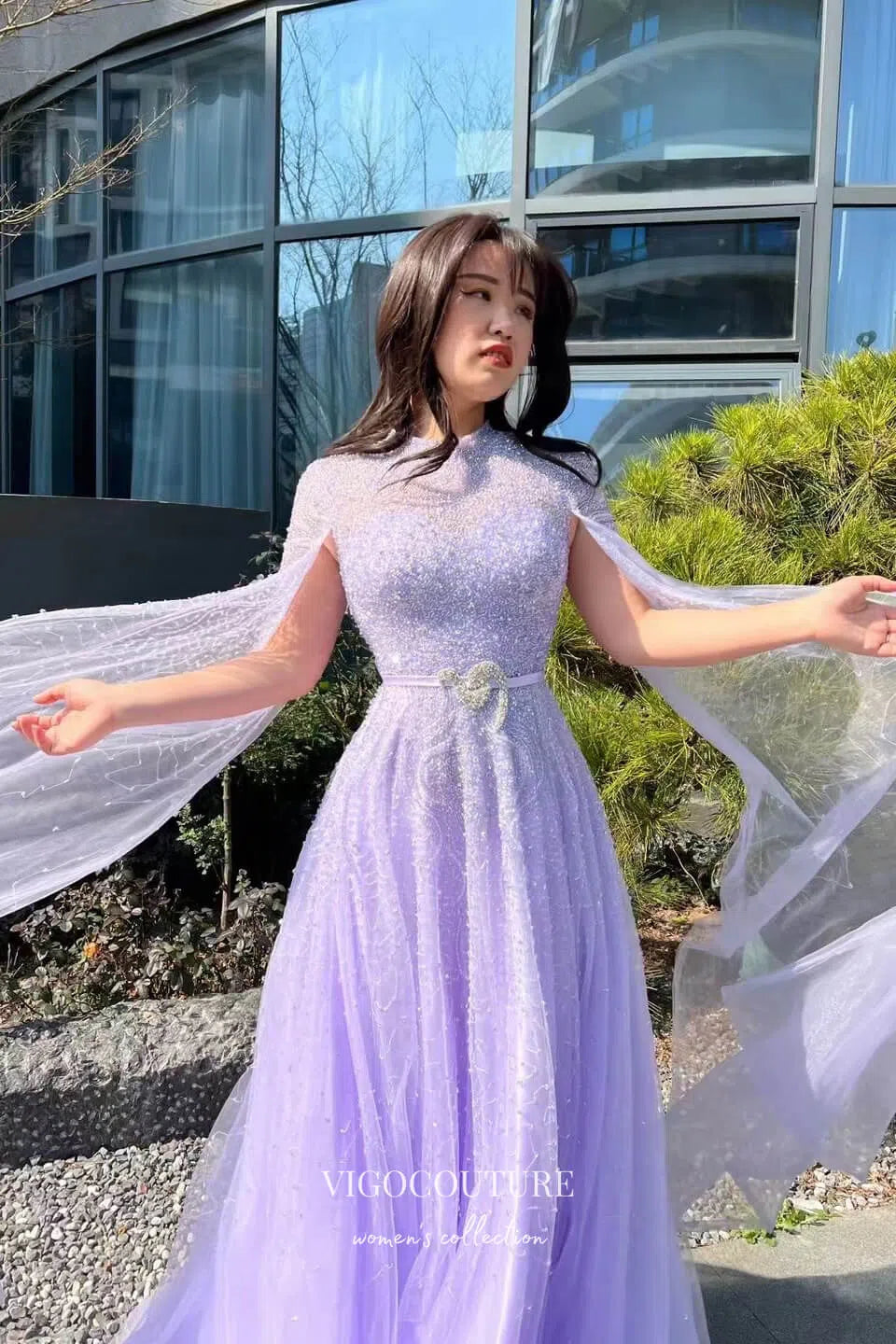 Prom Dress 2025 Gorgeous Lavender Beaded Prom Dress with Cape Sleeve and High Neck 22246-unique elegant Prom Dresses-Lavender-US2-vigocouture