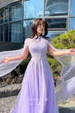 Prom Dress 2025 Gorgeous Lavender Beaded Prom Dress with Cape Sleeve and High Neck 22246-unique elegant Prom Dresses-Lavender-US2-vigocouture