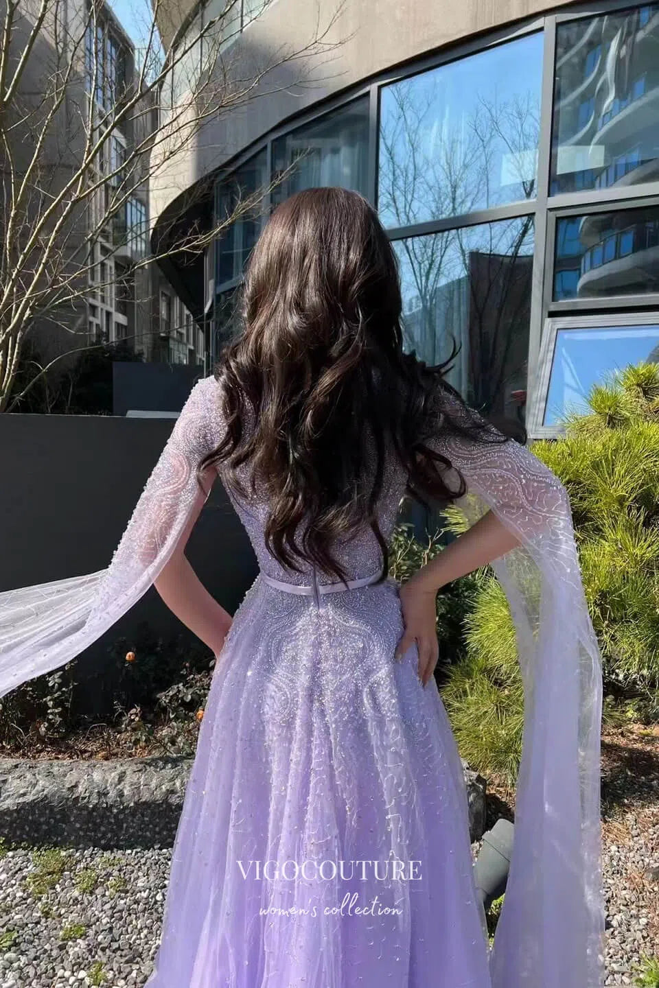 Prom Dress 2025 Gorgeous Lavender Beaded Prom Dress with Cape Sleeve and High Neck 22246-unique elegant Prom Dresses-Lavender-US2-vigocouture