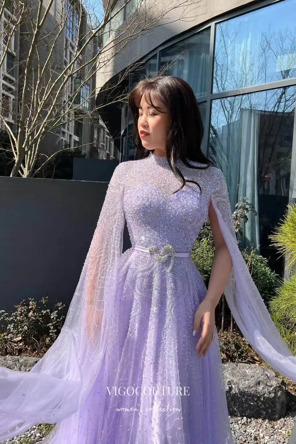 Gorgeous Lavender Beaded Prom Dress with Cape Sleeve and High Neck 22246 Lavender / US8