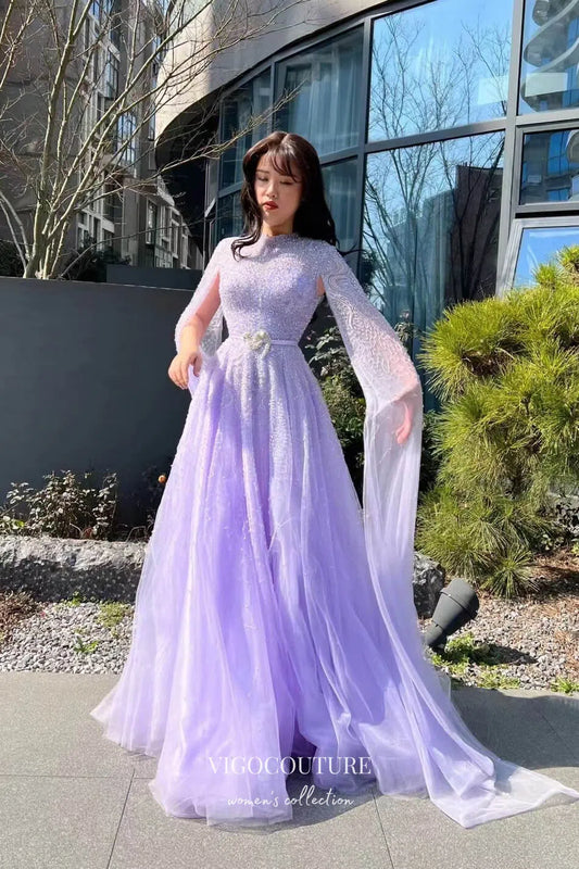 Prom Dress 2025 Gorgeous Lavender Beaded Prom Dress with Cape Sleeve and High Neck 22246-unique elegant Prom Dresses-Lavender-US2-vigocouture